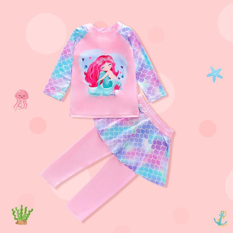 Kids' Long Sleeve Mermaid Swimsuit with Sun Protection and Quick-Dry Pants