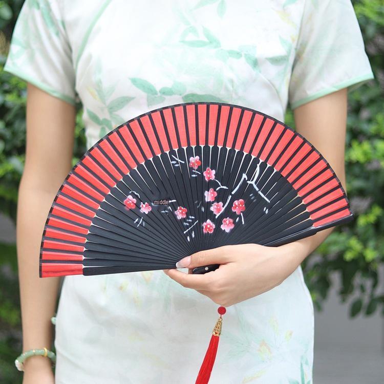 Red Ancient Style Chinese Folding Dance Fan - Easy To Open & Close, Perfect for Hanfu, Cheongsam, and Runway Shows