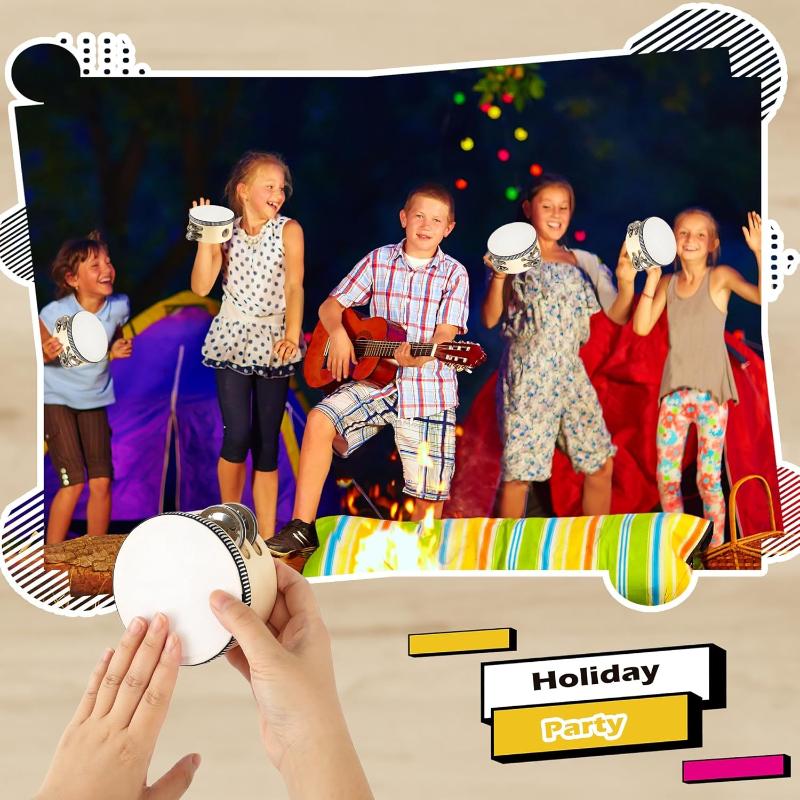 24 Pcs 4 Inch Wood Wedding Tambourine Metal Jingles Drum Hand Held Drum Instrument White Percussion for Wedding Party Favors