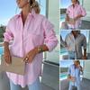 Camisa Feminina Lapela Manga Comprida Estampa Listrada Tops Casuais Carcela com Botões Bainha Irregular Caimento Solto Camisa Primavera Outono