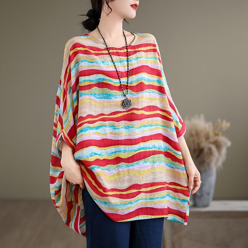 Short Sleeve Plus Size Cotton Vintage Stripe Casual Loose Long T Shirt Tops Women Summer T-shirt