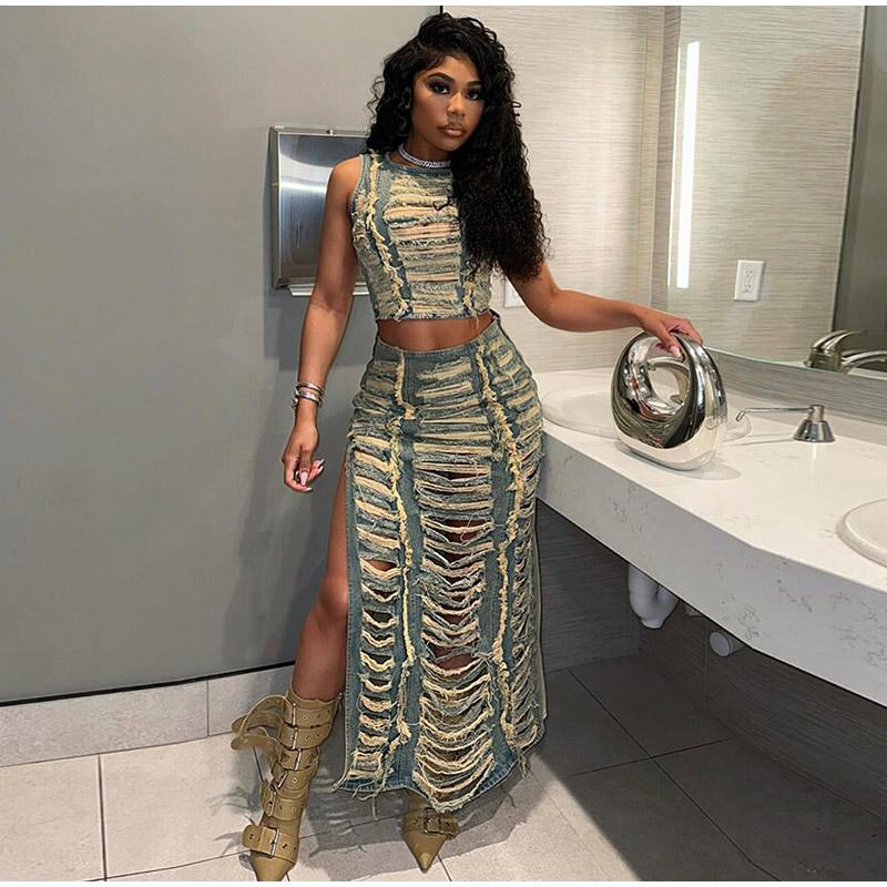 Fashion Streetwear Women Denim Hole Hollow Out Sleeveless Crop Top and Side Slit Skirts Two Piece Sets Sexy Cowboy Outfits
