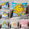 C-Cartoon Rainbow Sun Cushion Cover Linen Pillow Case Soft Breathable Protective Couch Room Decoration