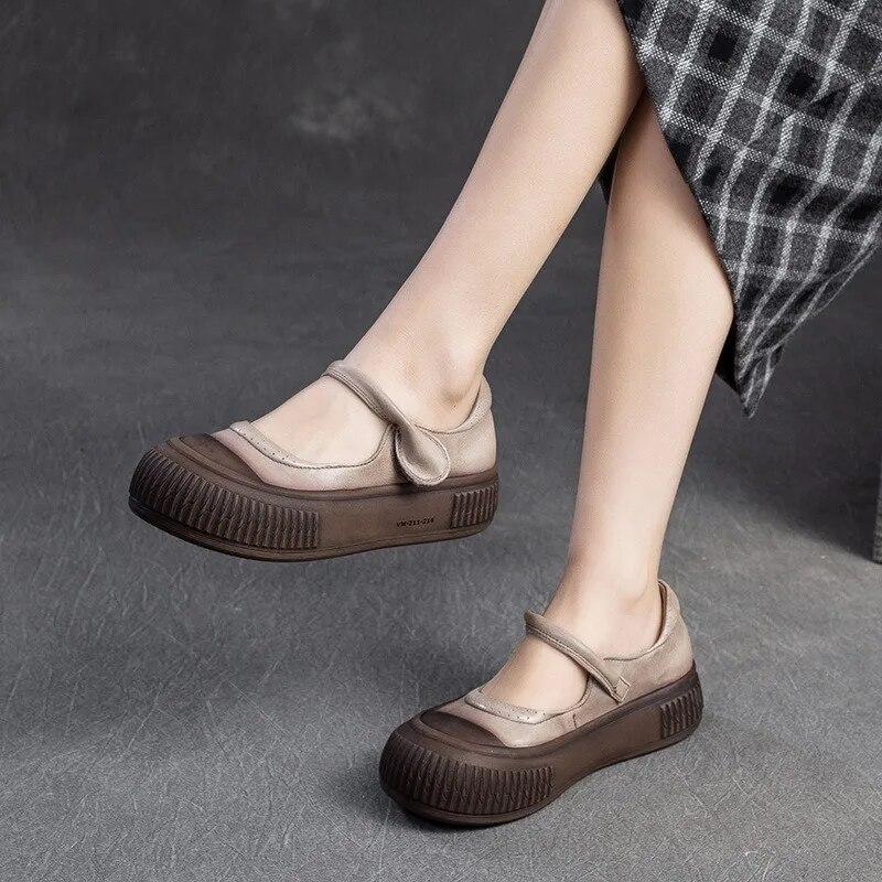 Johnature Flache, flache Schuhe im Retro-Stil aus echtem Leder, vielseitige, bequeme Damenschuhe mit dicker Sohle