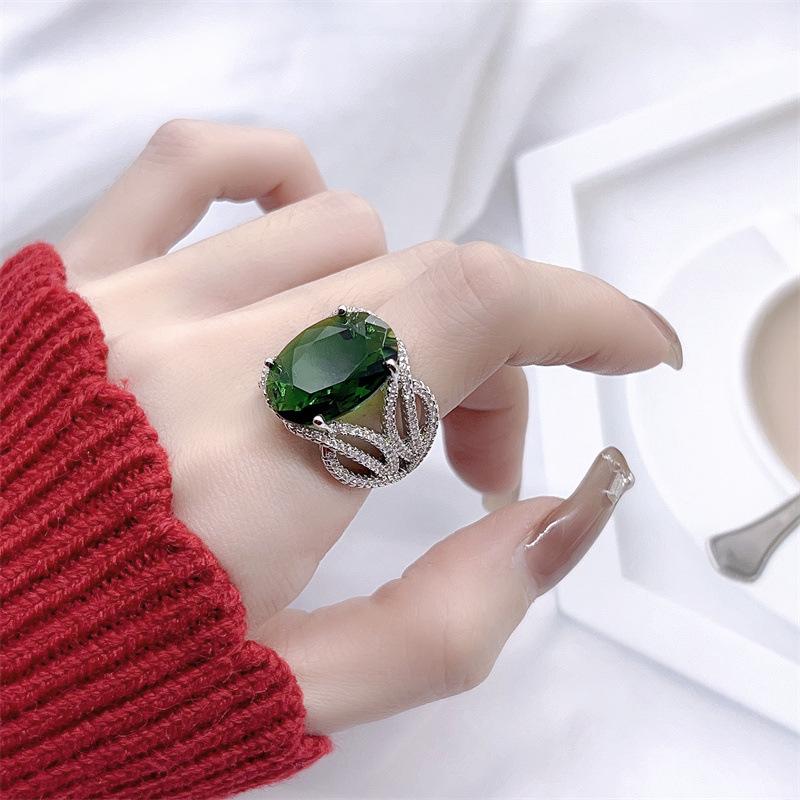 Emerald Gemstone Women s Luxury Openwork Diamond Ring Adjustable