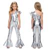 Metallic Shiny One Shoulder Disco Party Jumpsuit for Girls Sleeveless Side Ruffles Bell Bottom Romper Unitard Romper Streetwear