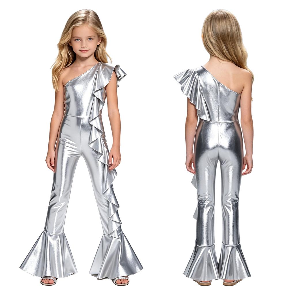 Metallic Shiny One Shoulder Disco Party Jumpsuit for Girls Sleeveless Side Ruffles Bell Bottom Romper Unitard Romper Streetwear