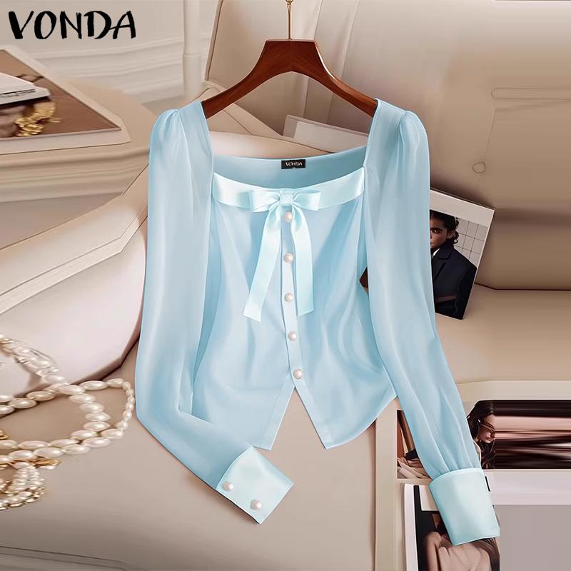 VONDA Women Elegant Solid Color Knot Long Sleeve Blouses