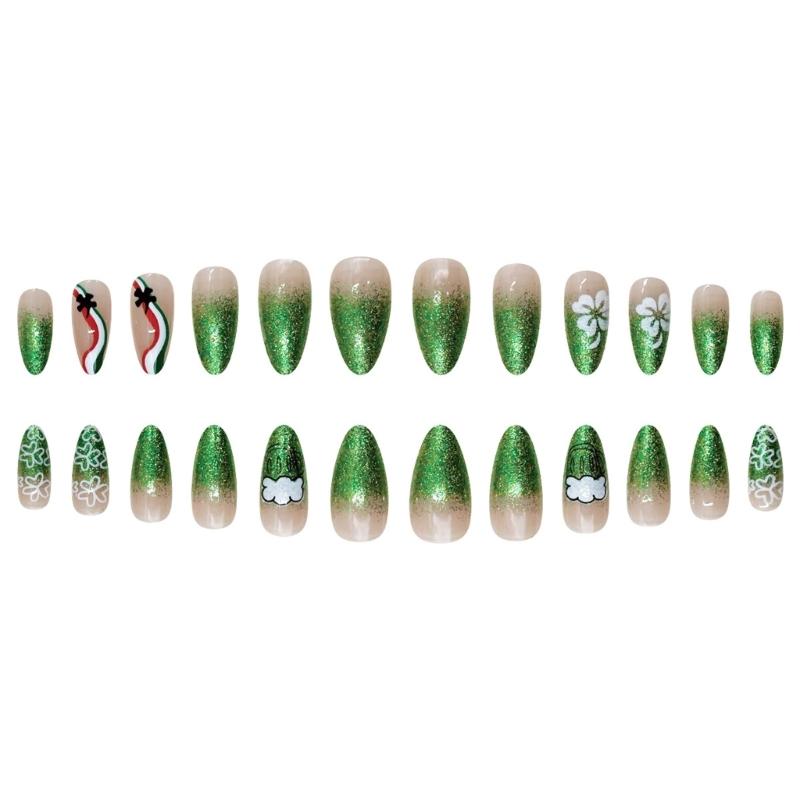 ABS Press On Nail 24Pcs Decorated in Green Glitters Four Leaf Clovers Motif for Festive Look and Good Fortune