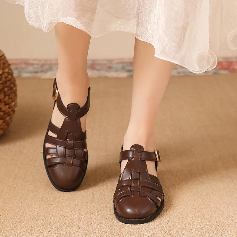 Fashion Women's Flat Sandals Round Toe Buckle Strap Narrow Band Shoes for Women Dress Roman Retro Solid Breathable Zapatillas De Mujer