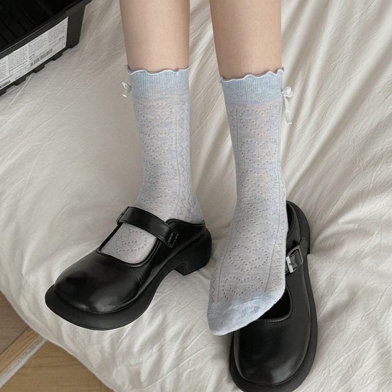 Japanese JK Sweet Bowknot Tied Middle Tube Socks Women Heel Bow Socks Casual Black White Pile Socks Girls Sports Cotton Socks