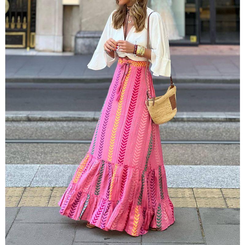 

Fashion Style Fashion Print Skirt Women s Spring and Summer New Arrival High Waist Slim Looking Temperament Wild A- line Dress Tide Rose Red S