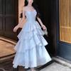 French Blue Glossy Camisole Cake Dress: Slimming Waist, Long Seaside Vacation Style for Girls' Birthday Parties