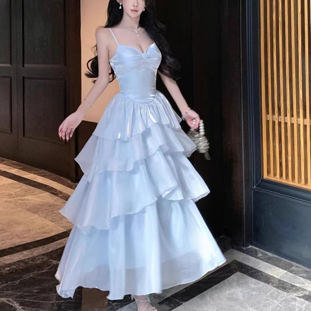 French Blue Glossy Camisole Cake Dress: Slimming Waist, Long Seaside Vacation Style for Girls' Birthday Parties