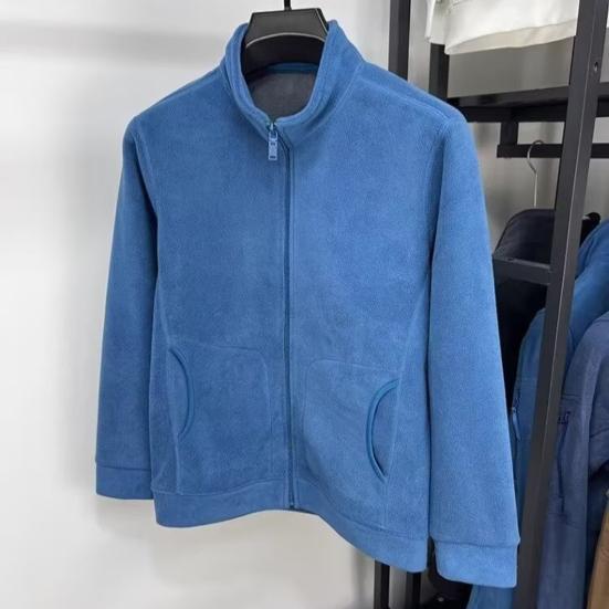Men Coat Stand-Up Collar Long Sleeve Zipper Closure Polar Fleece Jacket