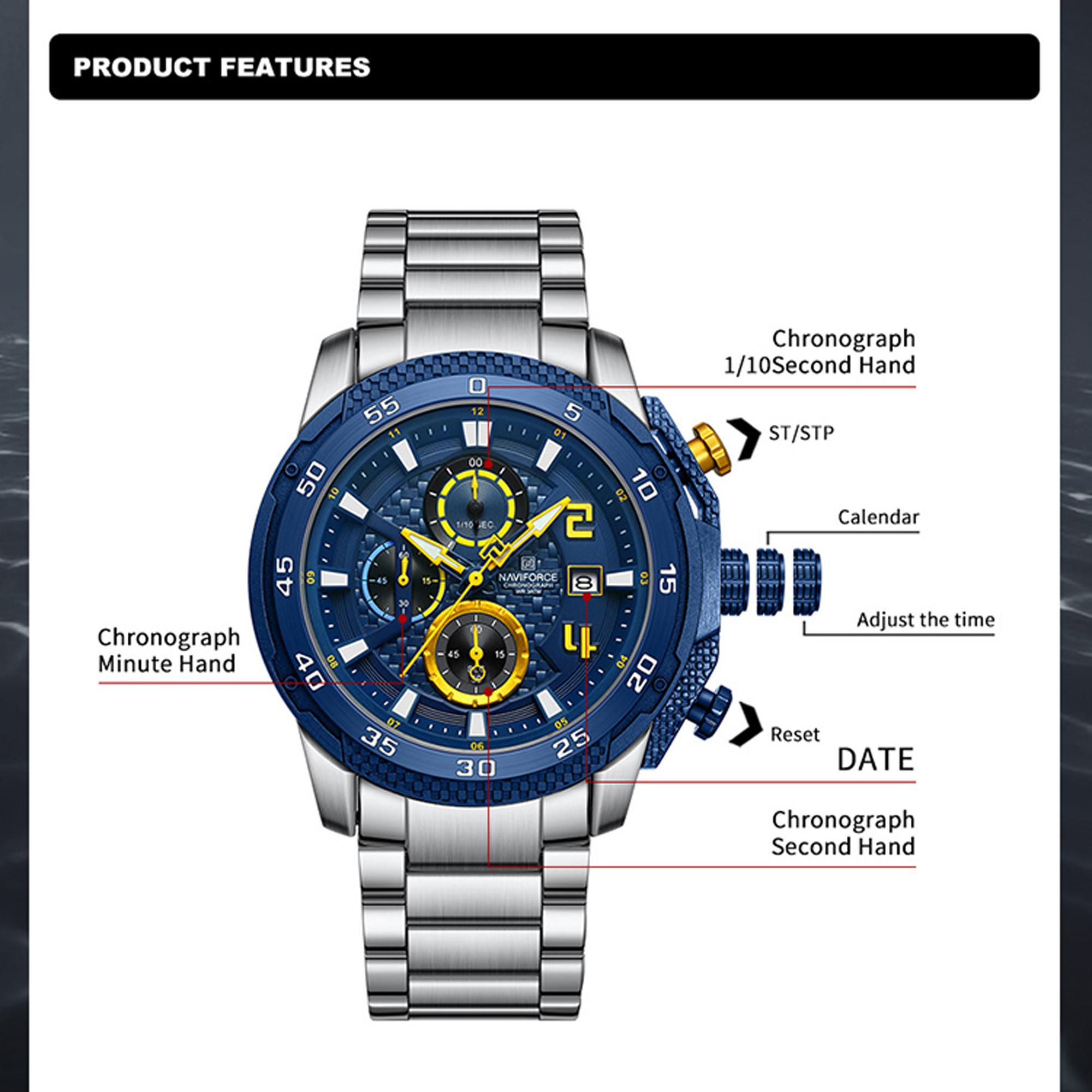 NAVIFORCE Мужские модные повседневные водонепроницаемые часы-хронограф из нержавеющей — фото 5