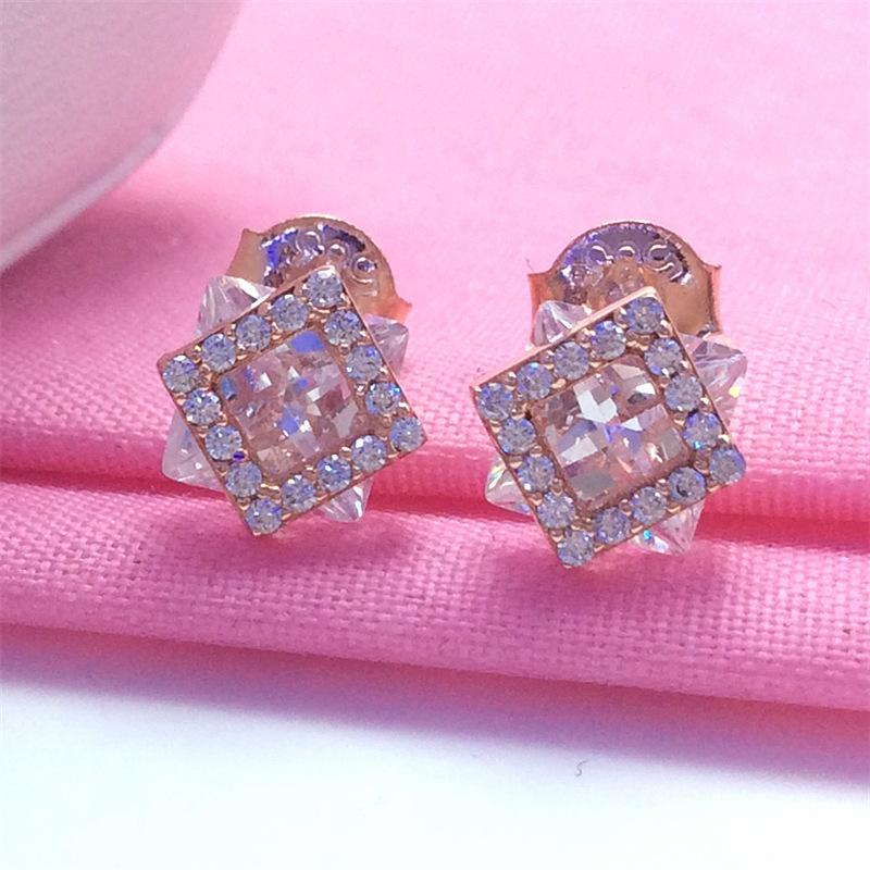 Пурпурно-золотые квадратные серьги-пусеты с цирконом Модные квадратные серьги-пусеты из розового золота для подруг (rose gold plated pair)