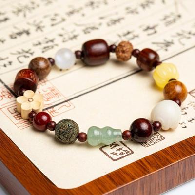 Multicolored Chalcedony Gourd Bracelet with Eighteen Handmade Prayer Beads and Five Sutras