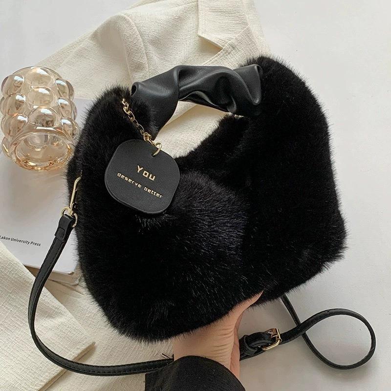 Women Faux Fur Handbag Solid Color Plush Top-Handle Bag Adjustable Shoulder Strap Comfortable Ladies Girls Trendy Bag