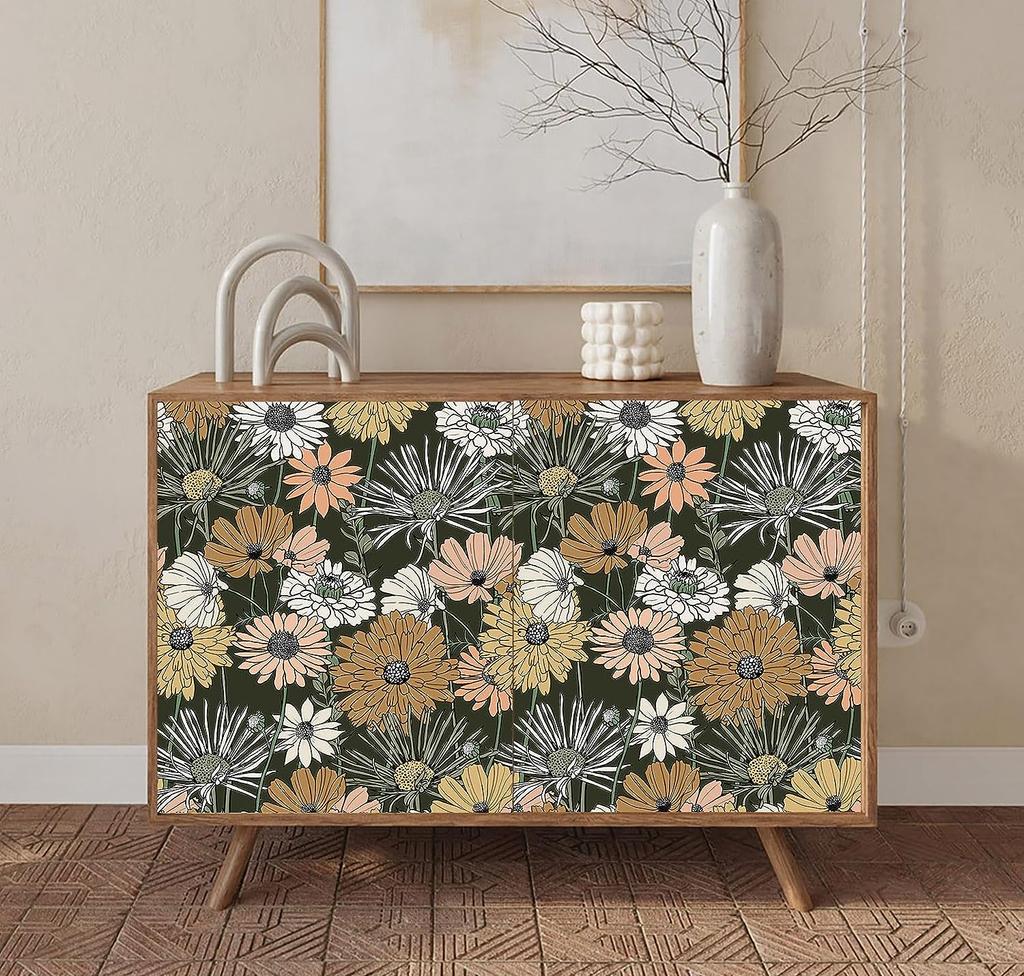 Vintage Grüne Blatt Tapete Selbstklebend Texturiert Boho Blume Kontaktpapier Retro Selbstklebend Abnehmbar Gänseblümchen Wandbild Dekor