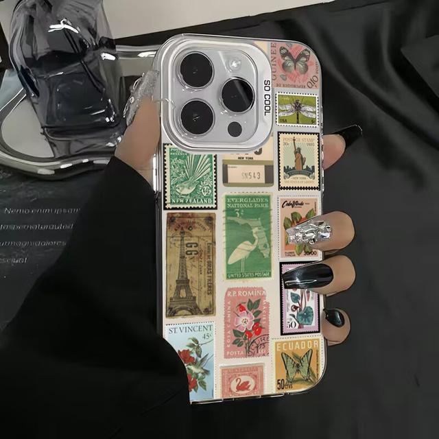 Stylový patchwork s razítky pro iPhone 16 15 14 13 12 11 Pro Max Ochranný kryt na telefon proti pádu Funda Bumber