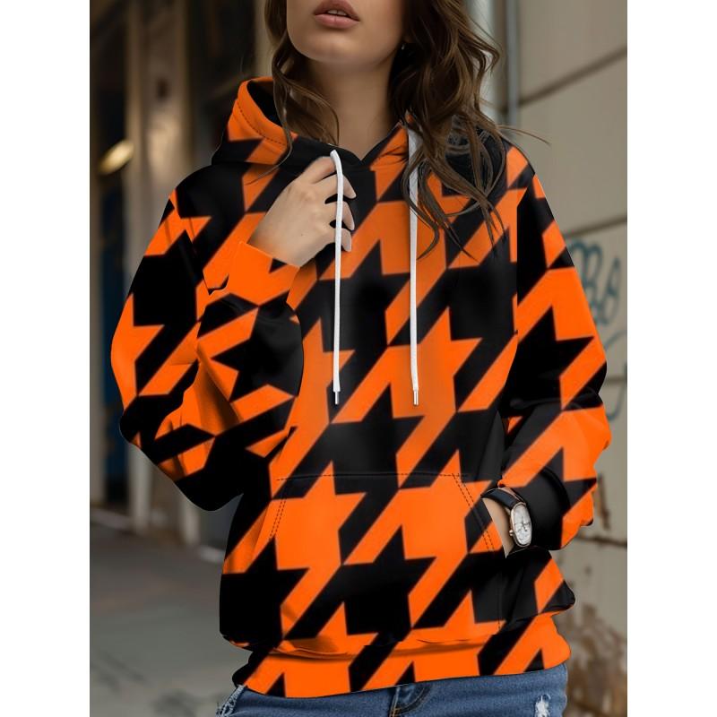 Womens Relaxed Fit Hooded Long Sleeve Sweatshirt With 3D Floral Plaid Print Breathable Comfort Casual Top