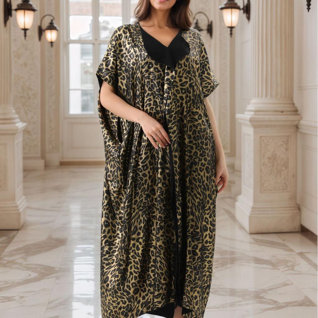 Leopard-print Gilded Beach Blouse, Lapel Long Robe, Elegant and High-end Gown