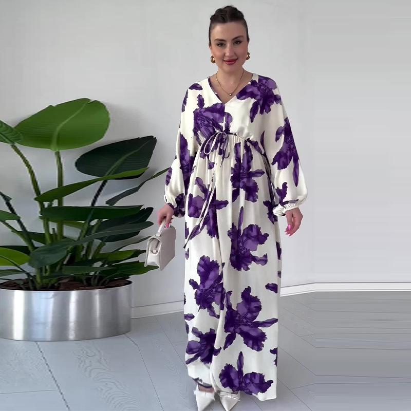 

Autumn 2024: European & American Fashion Print Lace-Up Waist Long Sleeve Dress for Women XXL фиолетовый