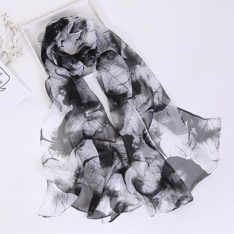 2019 Qiaoqi Long Silk Scarf with Leaf Pattern - Sun Protection, Hot Selling Thin Silk Scarf