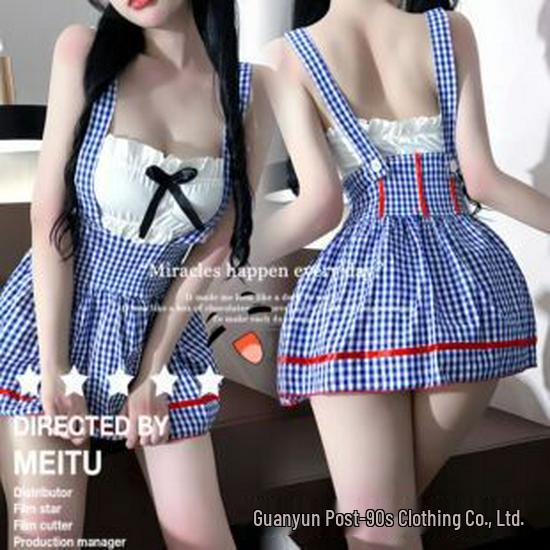 Seductive Blue Plaid Lace Maid Suspender Costume
