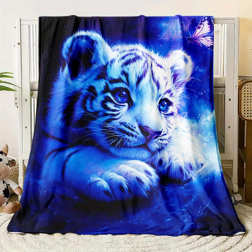 

1 шт. Уютное постельное одеяло для дома на колесах, Вязаная мягкая шаль для путешествий, Кемпинга, Офиса, Декоративный принт тигра HD, Комфортное, Универсальное для кровати, дивана, автомобиля 75*100cm