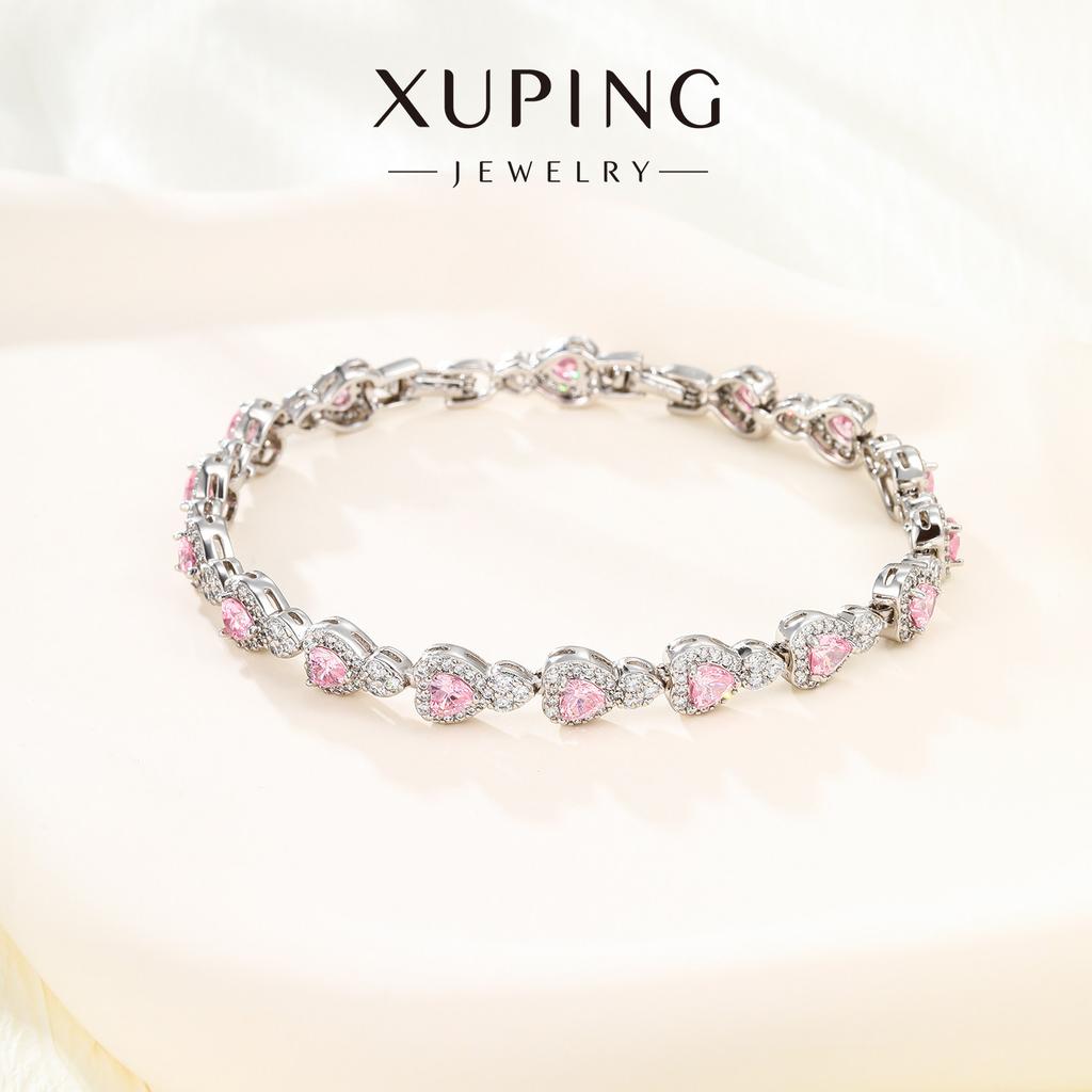 XUPING Jewelry Iced Out Synthetic CZ Colorful Gemstone Artificial Stone Clasp Gold Color Plated Pink Women Heart Tennis Bracelet