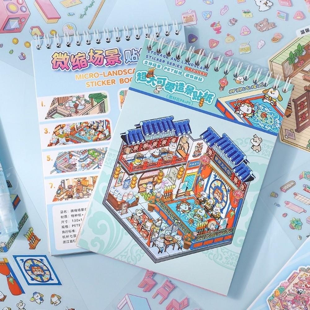 Cartoon Cabin Scene Pocket Sticker PET Miniature Scene Book 3D Landscape Sticker Book  for Kid