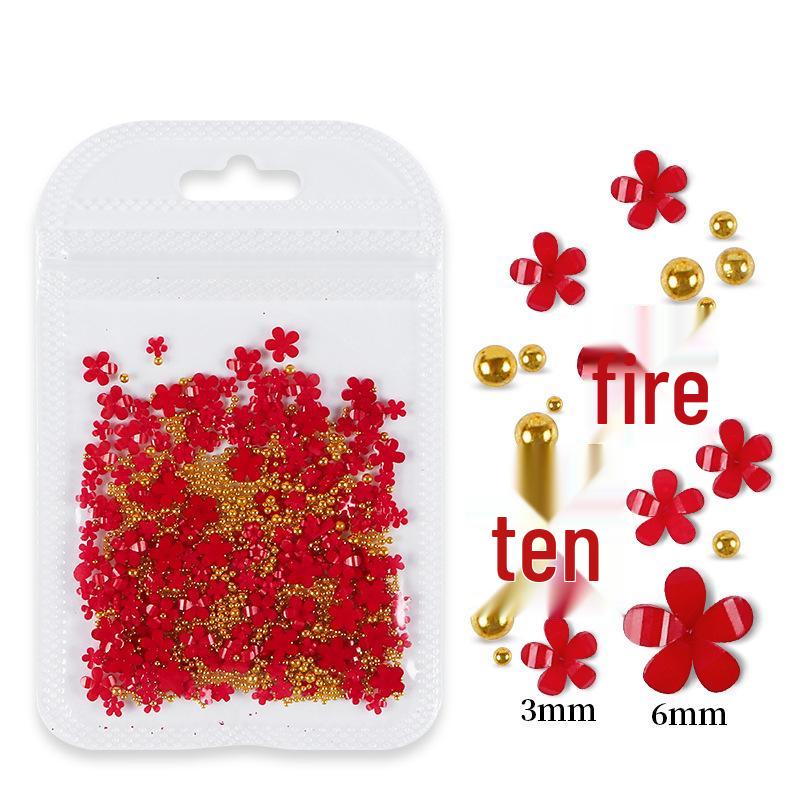 200pcs Five-Petal Nail Art Flowers with Gold & Silver Beads - White & Pink Resin Ornaments