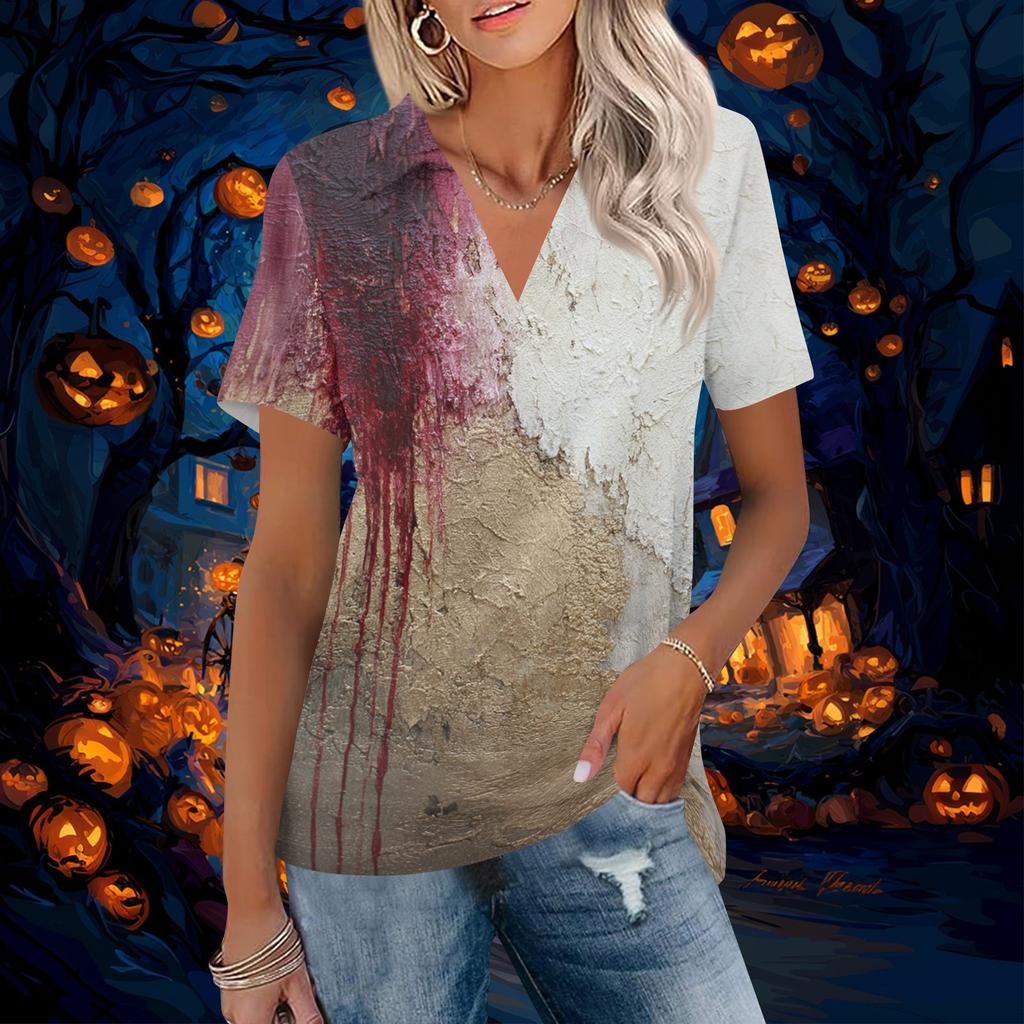 Women V Neck Short Sleeve Halloween Print Collared Top Casual Loose Fit Pattern Blouse for Daily Wear Office School