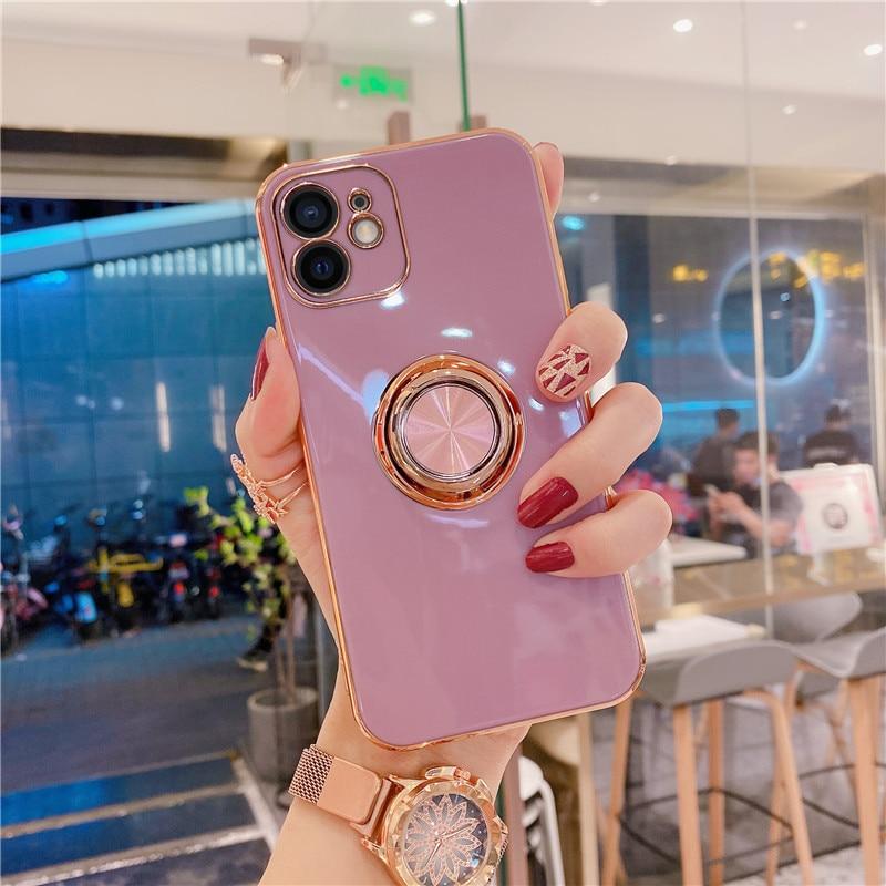 Luxury Ring Holder Case For iPhone 11 7 8 Plus Gold Plating Metal Stand Phone Cover For iPhone 12 Pro Max XS XR SE 2020 Silicone