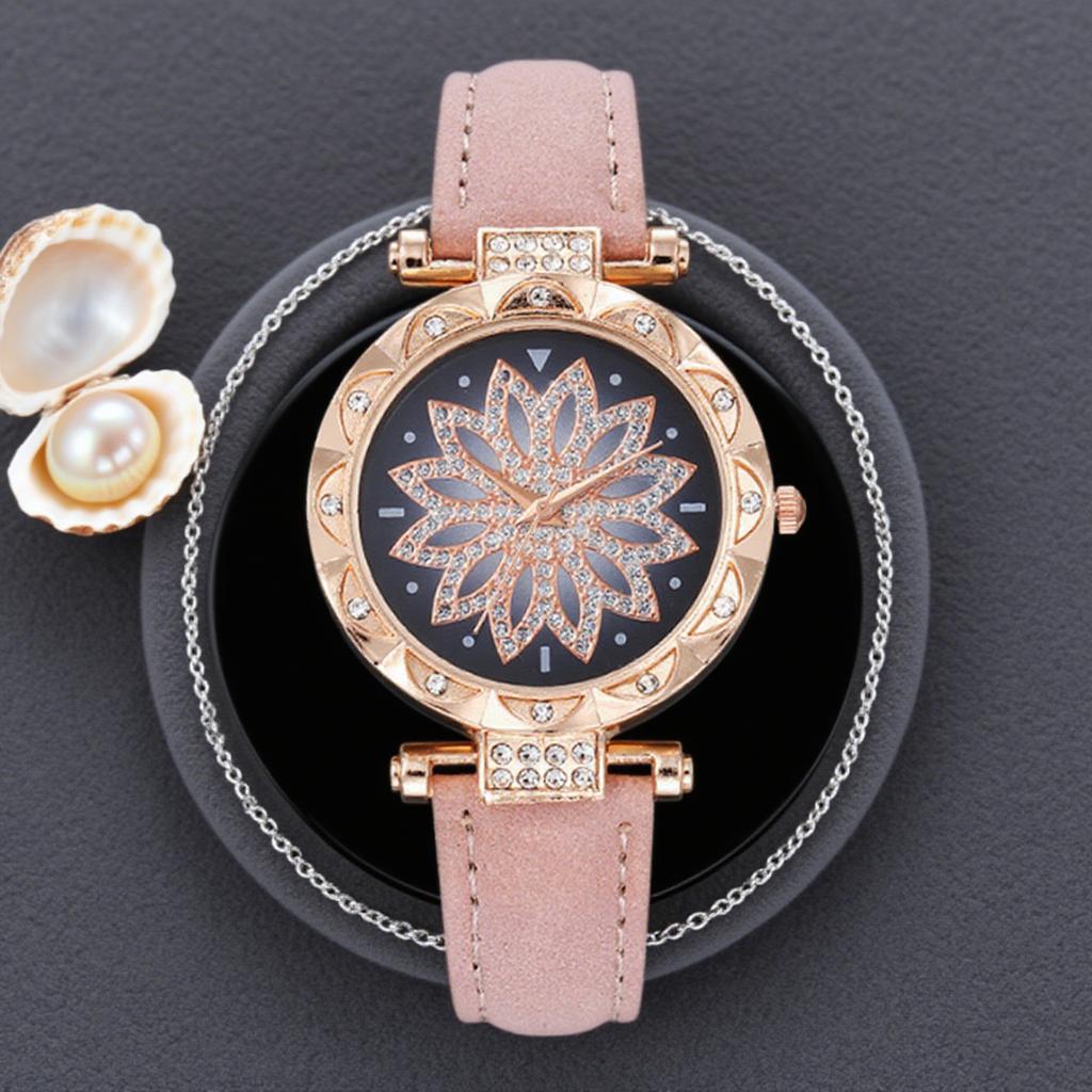 Fashionable and Gorgeous Diamond Frosted Belt Petal Diamond Face Women's Quartz Watch for Christmas and Halloween Gifts