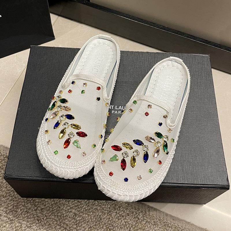 Mesh Bag Head Flat Bottom Sandals Women Wear New Colored Diamonds Embroidery Without Heel Lazy Half Drag Fisherman Shoes In Summer