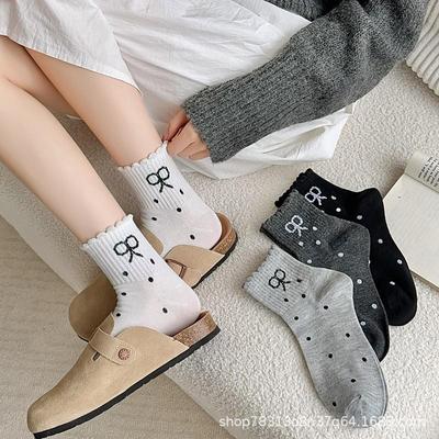 2024 Trendy Polka Dot Lace Bowknot Mid-Tube Women's Socks - Sweat-Absorbent, Japanese-Inspired, Sweet Style