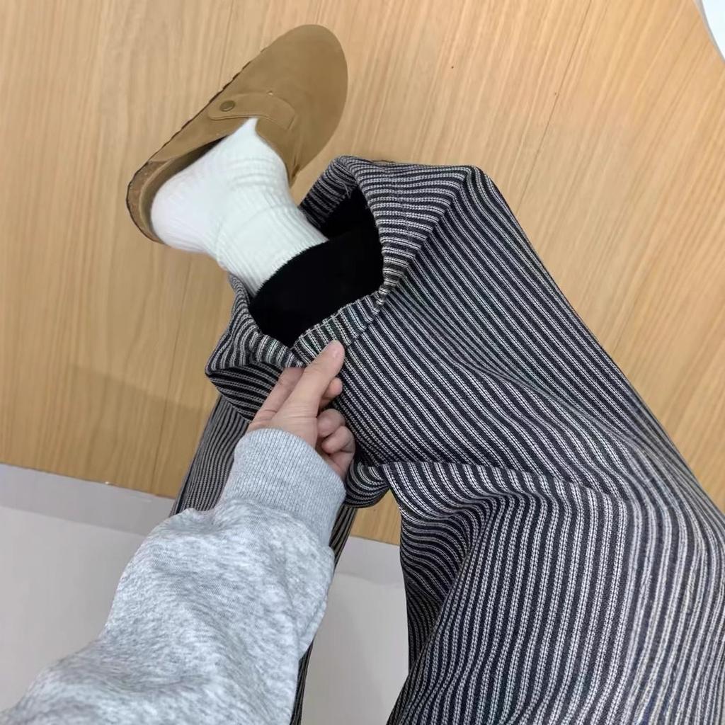 Black and Gray Striped Wide-leg Jeans for Women In Autumn and Winter Plus Velvet High Waist Straight Versatile Casual Floor Pants
