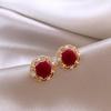 Vintage Red Velvet Pearl Flower Stud Earrings for Women Girls French Palace Style Small Earrings Banquet Jewelry Accesssories