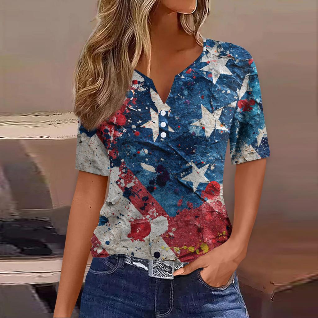 Women's T Shirt Tee Print Button Short Sleeve Daily Weekend Fashion Basic V- Neck Regular Top