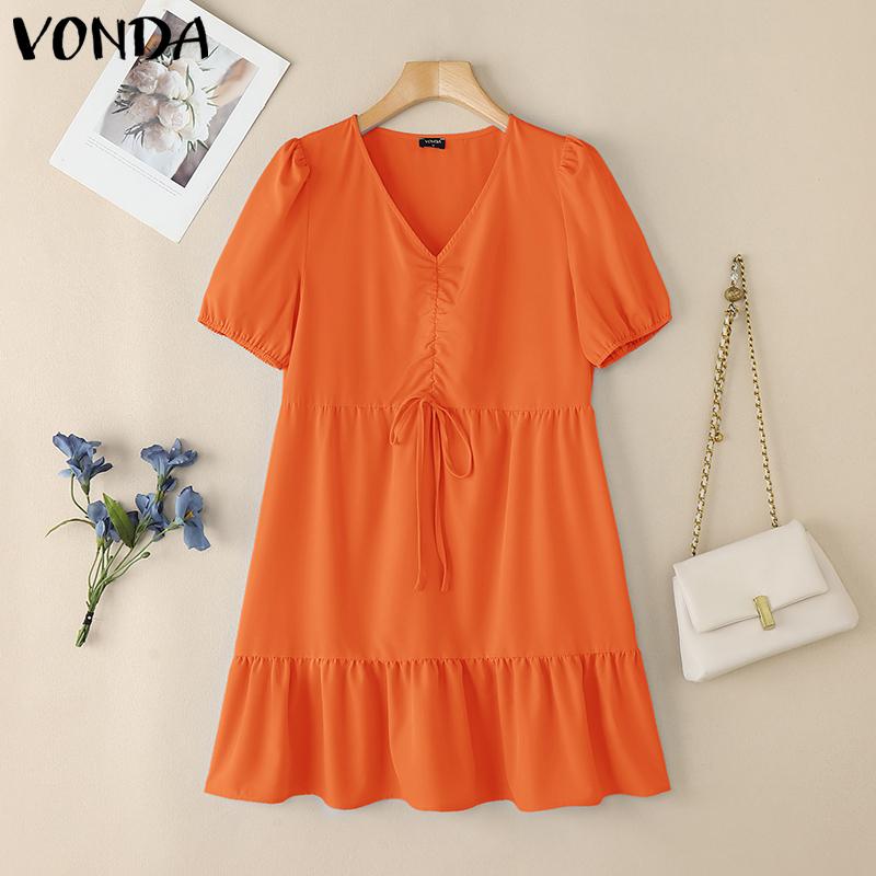 VONDA Women Summer V Neck Short Sleeve Solid Color Twisted Casual Pleated Dress