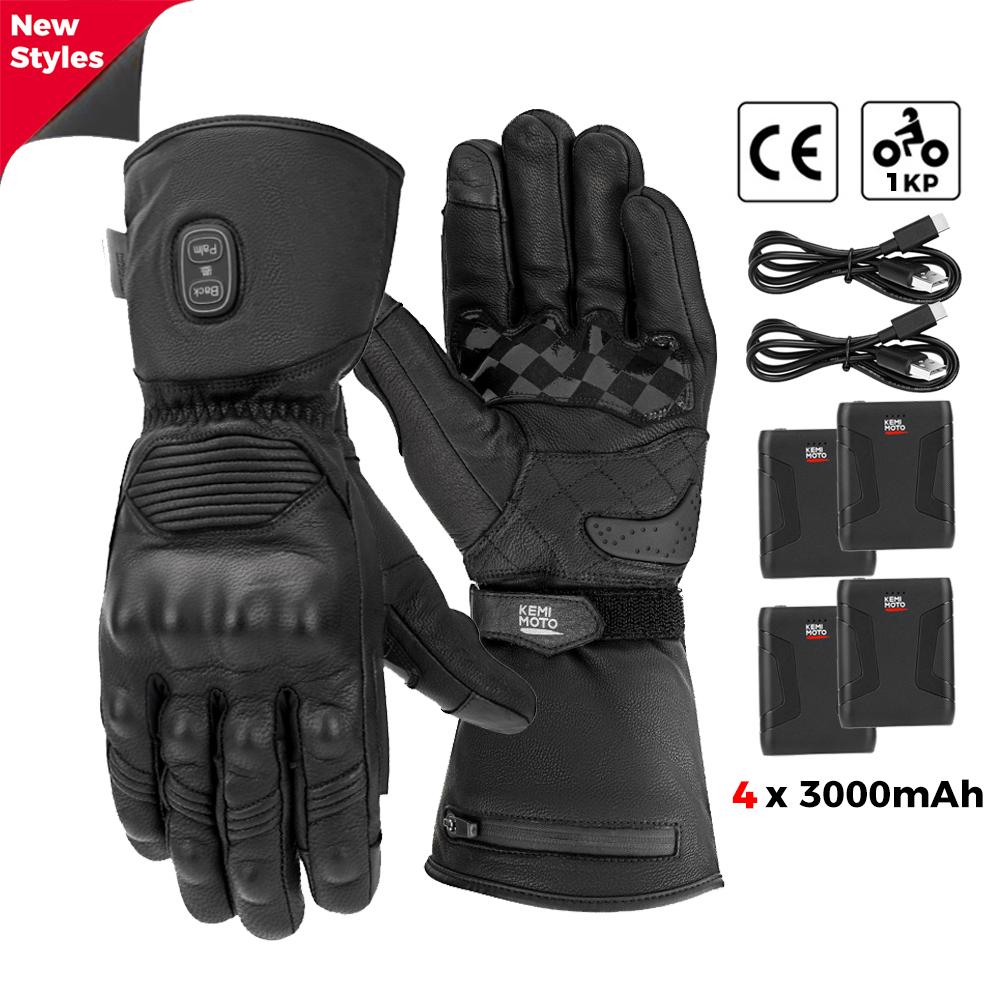 KEMIMOTO Leather Heated Motorcycle Gloves Winter Waterproof Touch Screen Moto Ski Camping Heated Gloves Battery Motorbike