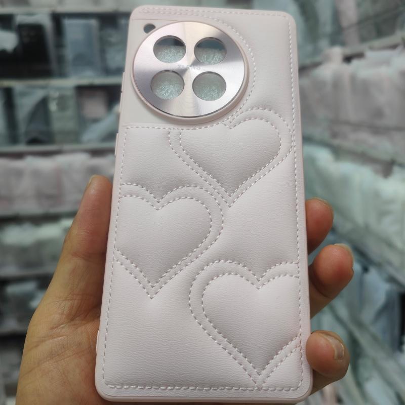 

Kawaii Simple Love Heart Pattern Leather Case For OnePlus 12R 12 1+12R 12 Full Camera Lens Protection Back Case Cover OnePlus 12R розовый
