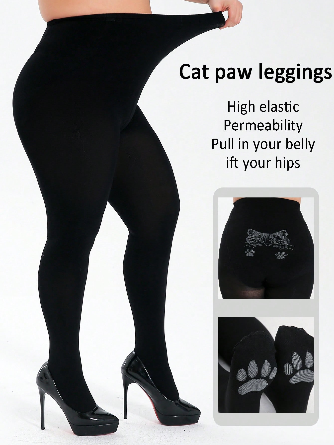 

1 Pair Women S Skin Tone/Black Cat Paw Pattern Pantyhose High Elastic Tummy Control Hip Lifting Seamless Soft Daily Wear Tights S