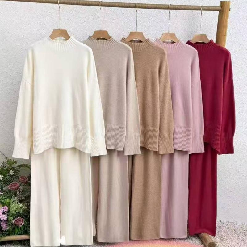 Semi-turtleneck knitted sweater wide-leg pants set women's solid color lazy wind large size loose sweater women's two-piece set
