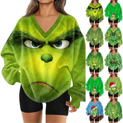 Women's Fashionable V-neck Christmas Printed Long Sleeved Casual Pullover Plush Warm Pocket Sweatshirt Top