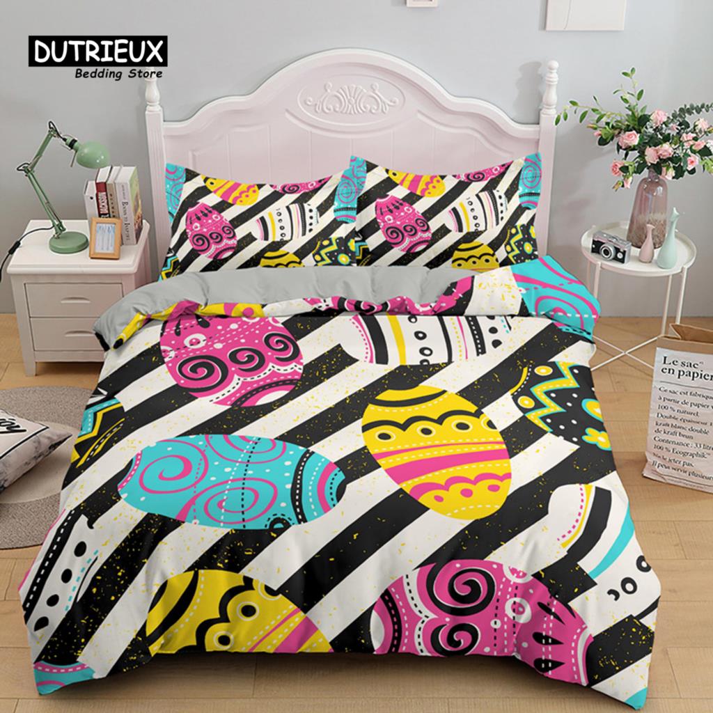 Soft Easter Eggs Print Duvet Cover Happy Easter Cartoon Rabbit Toddler Bedding Sets Twin King Queen Size Microfiber Quilt Cover