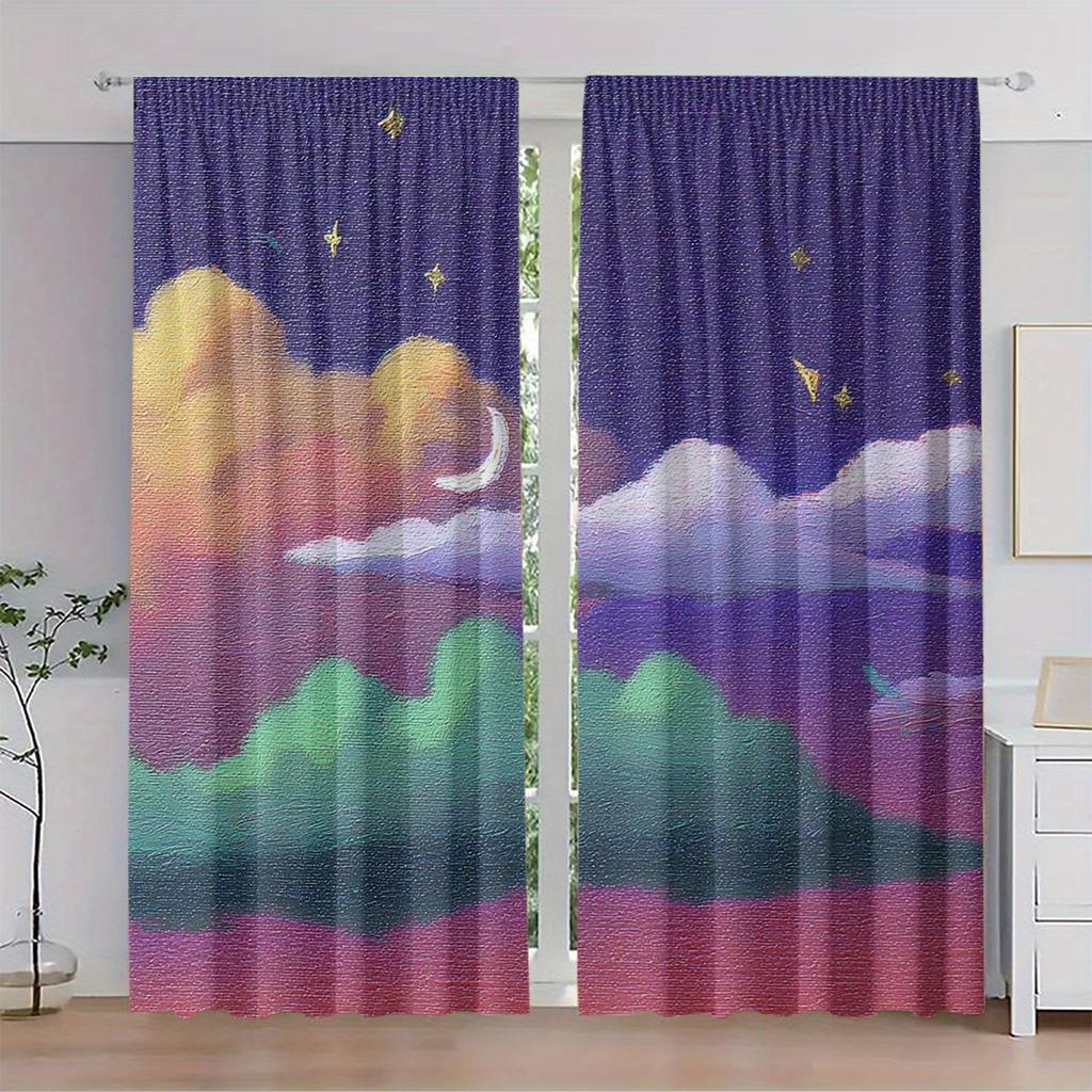 Set Of 2 Polyester Material Night Sky Star Moon Pattern Print Curtains Suitable Bedroom Living Room Sheer Made Sitting Window Treatment